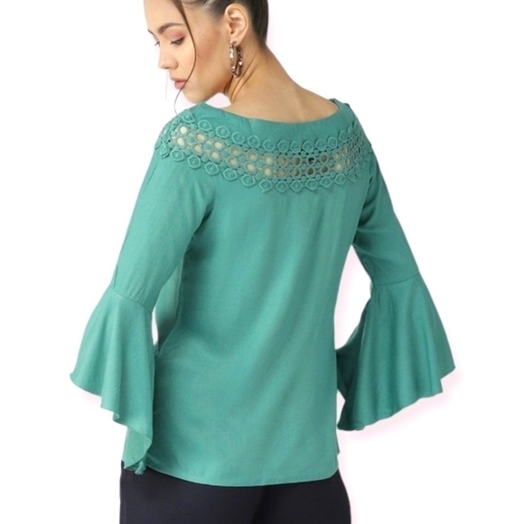 Teal Crochet Eyelet Lace Bell Flare Sleeve A Line Blouse Size Small - Picture 3 of 10